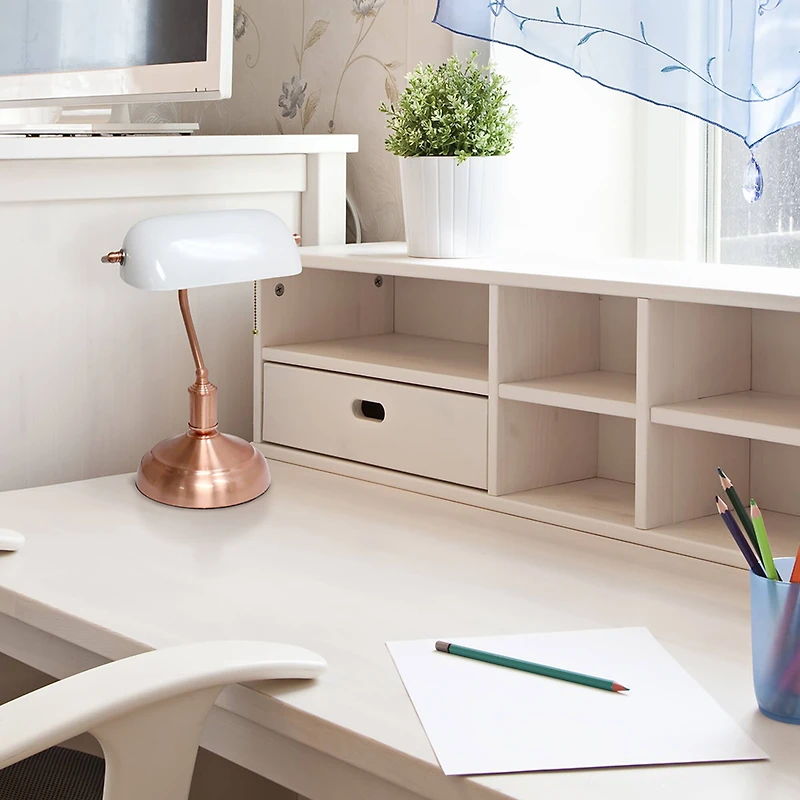 Simple Designs Executive Banker's Rose Gold Desk Lamp with White Shade