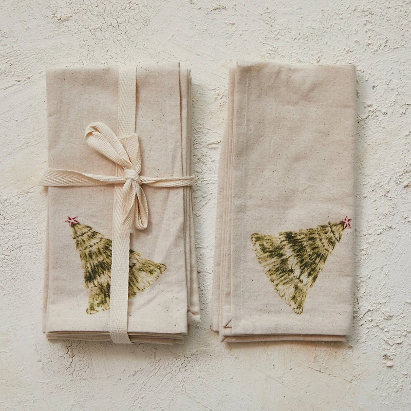 Hello Honey® 18" Natural Cotton Printed Napkins with Christmas Tree, 4ct.