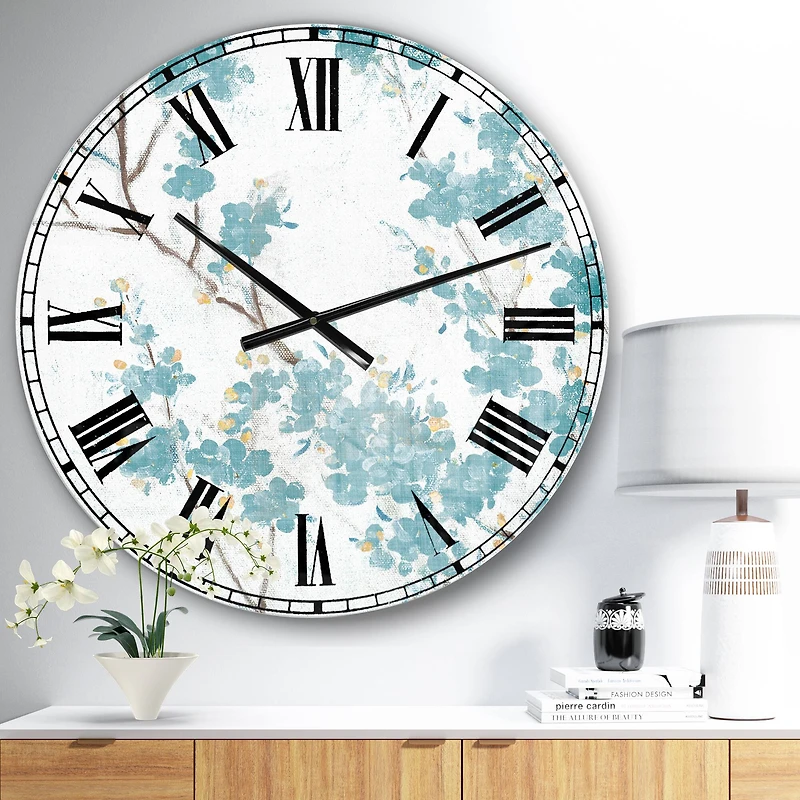 Designart Teal Cherry Blossoms II Traditional Wall Clock
