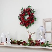 18" Red Berries & Two-Tone Green Leaves Artificial Wreath, Unlit