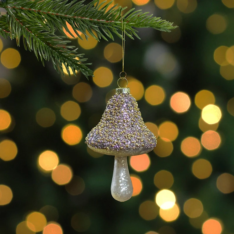 Mushroom Glass Christmas Ornament - 4.75" - Champagne Gold Finish