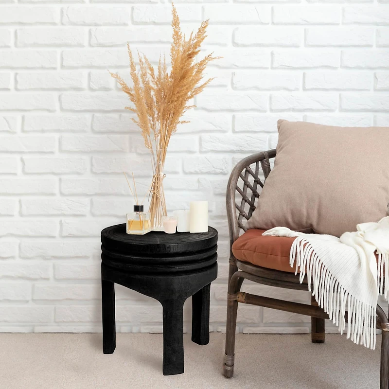 Hello Honey® 15.8" Round Paulownia Wood Carved Stool