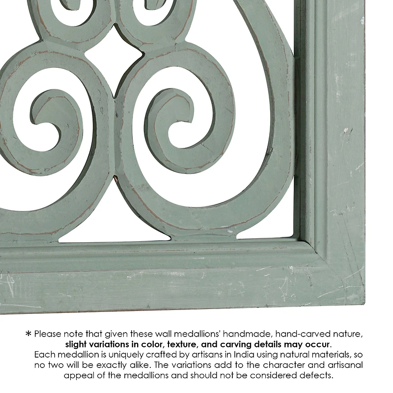 American Art Décor™ 36" Distressed Hand-Carved Seafoam Green Wood Wall Medallion Panel