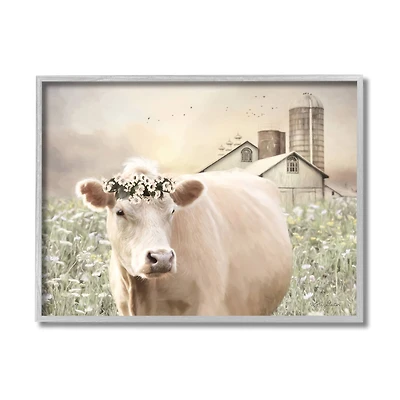 Stupell Industries Realistic Cow Floral Crown Tranquil Farm Field in Gray Frame Wall Art