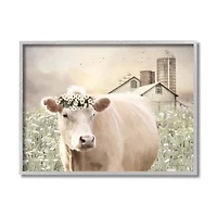 Stupell Industries Realistic Cow Floral Crown Tranquil Farm Field in Gray Frame Wall Art