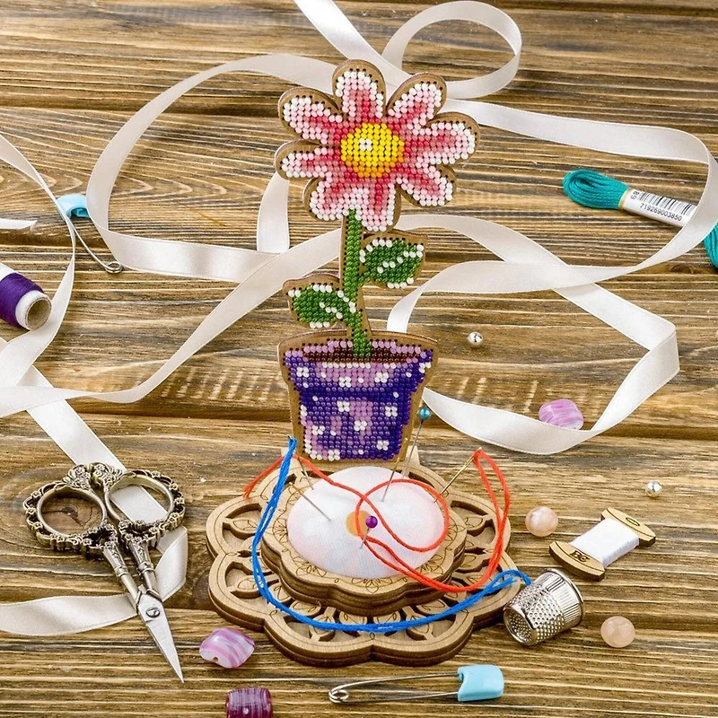 Wonderland Crafts Potted Flower Bead Embroidery on Wood Kit