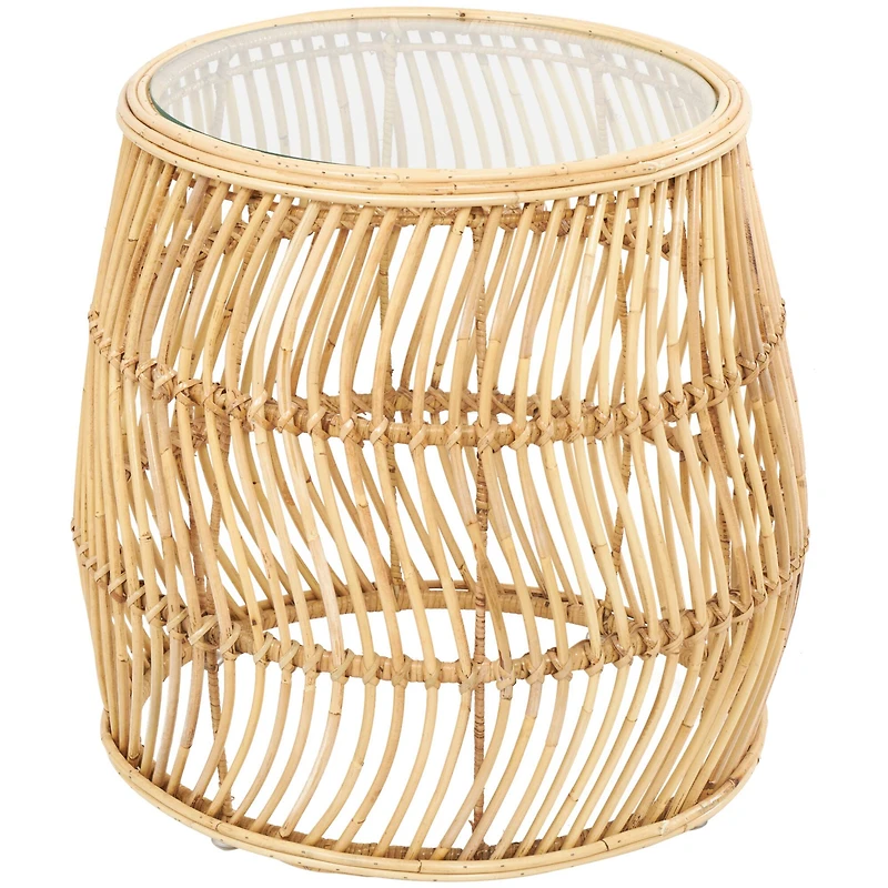 Brown Rattan Handmade Wavy Woven Accent Table with Glass Top