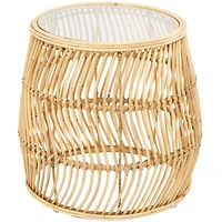 Brown Rattan Handmade Wavy Woven Accent Table with Glass Top