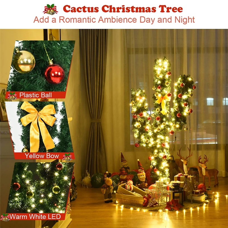 Costway 6ft. Pre-Lit Cactus Artificial Christmas Tree, Warm White LED Lights & Ball Ornaments