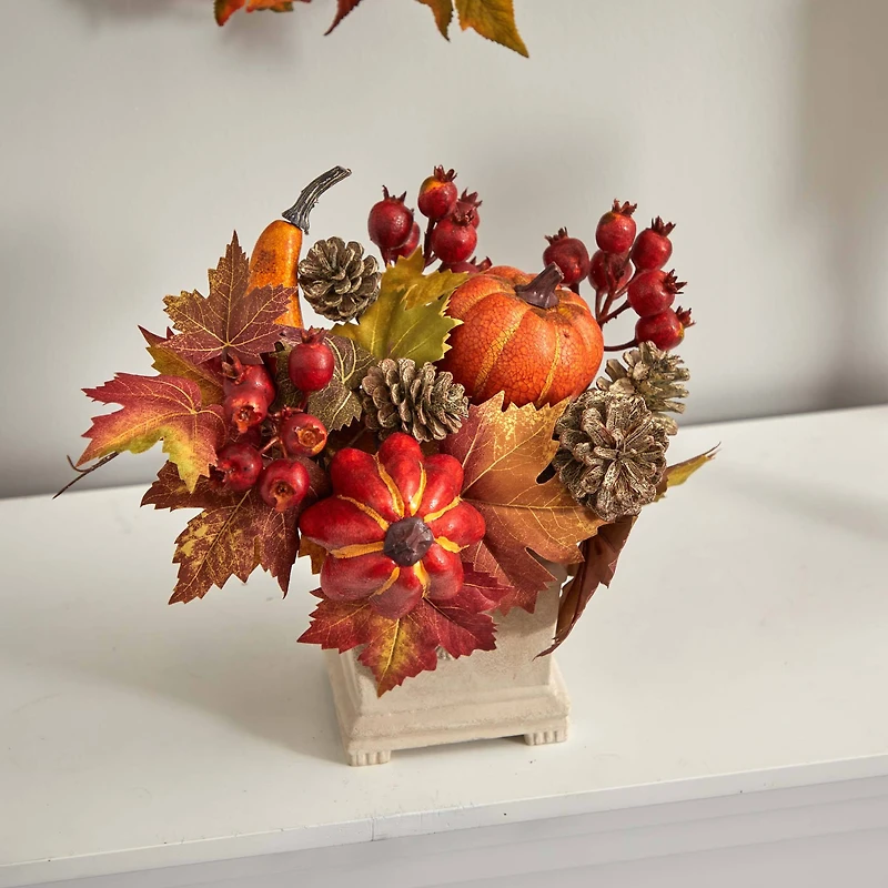 11" Pumpkin, Gourd, Berry & Maple Leaf Arrangement
