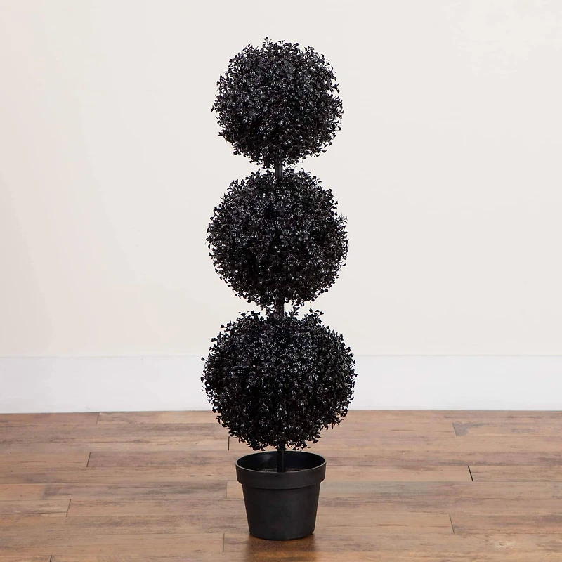 3ft. UV Resistant Artificial Halloween Black Triple Ball Boxwood Topiary (Indoor/Outdoor)