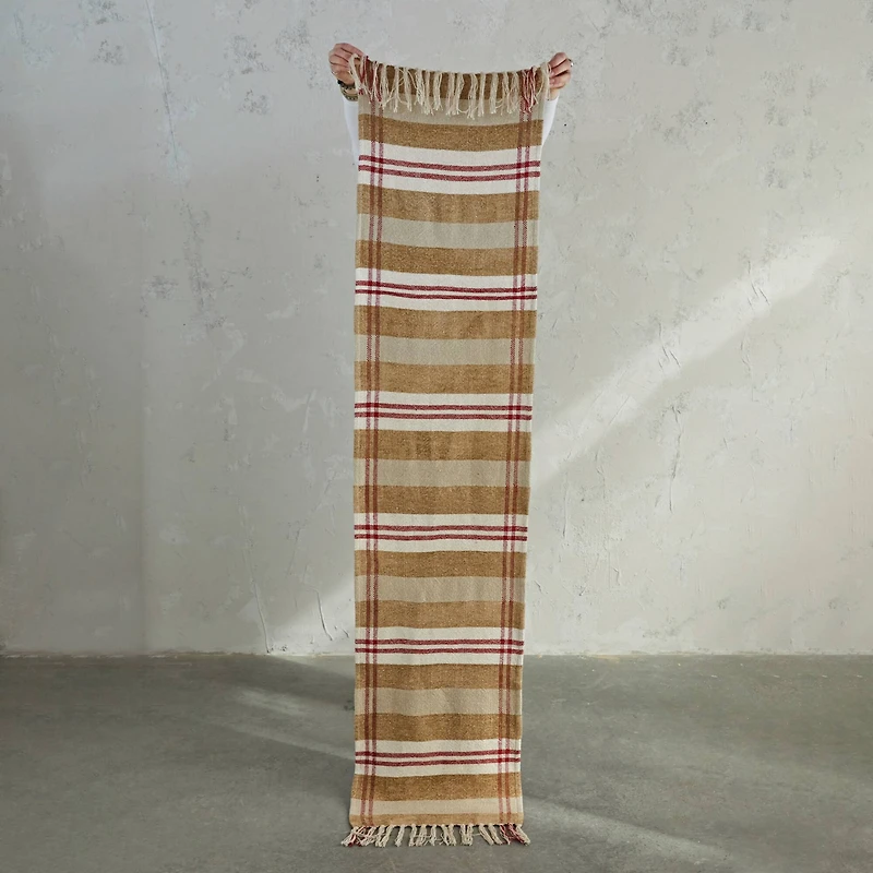 Hello Honey® 6ft. Red, Tan & Cream Plaid Recycled Chenille & Cotton Table Runner