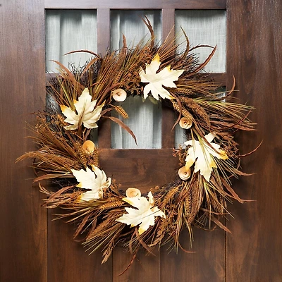 24" Unlit Autumn Harvest Artificial Cattail & Wheat Thanksgiving Wreath