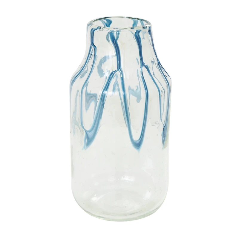 13" Cream with Wavy Blue Design Abstract Glass Vase