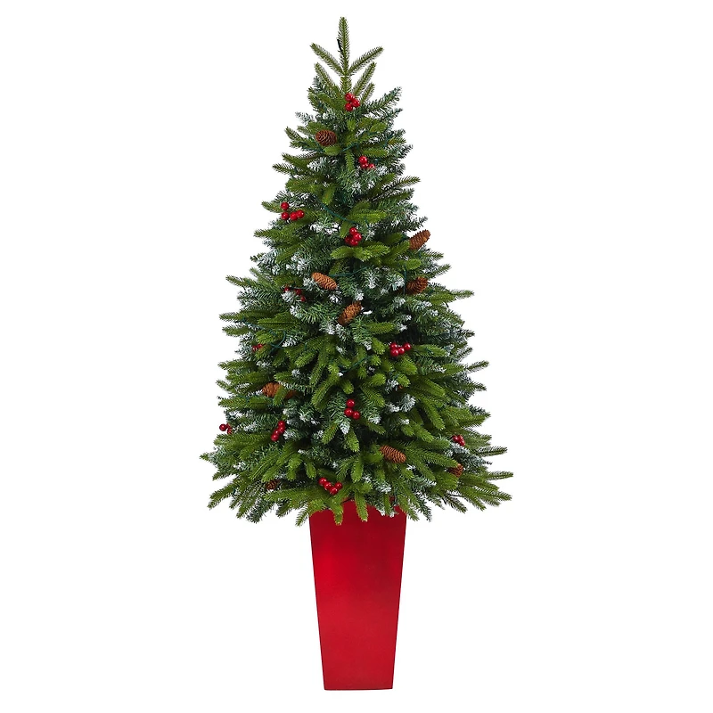 5ft. Pre-Lit Snow Tipped Portland Spruce Artificial Christmas Tree  in Red Tower Planter, Clear LED Lights