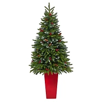 5ft. Pre-Lit Snow Tipped Portland Spruce Artificial Christmas Tree  in Red Tower Planter, Clear LED Lights