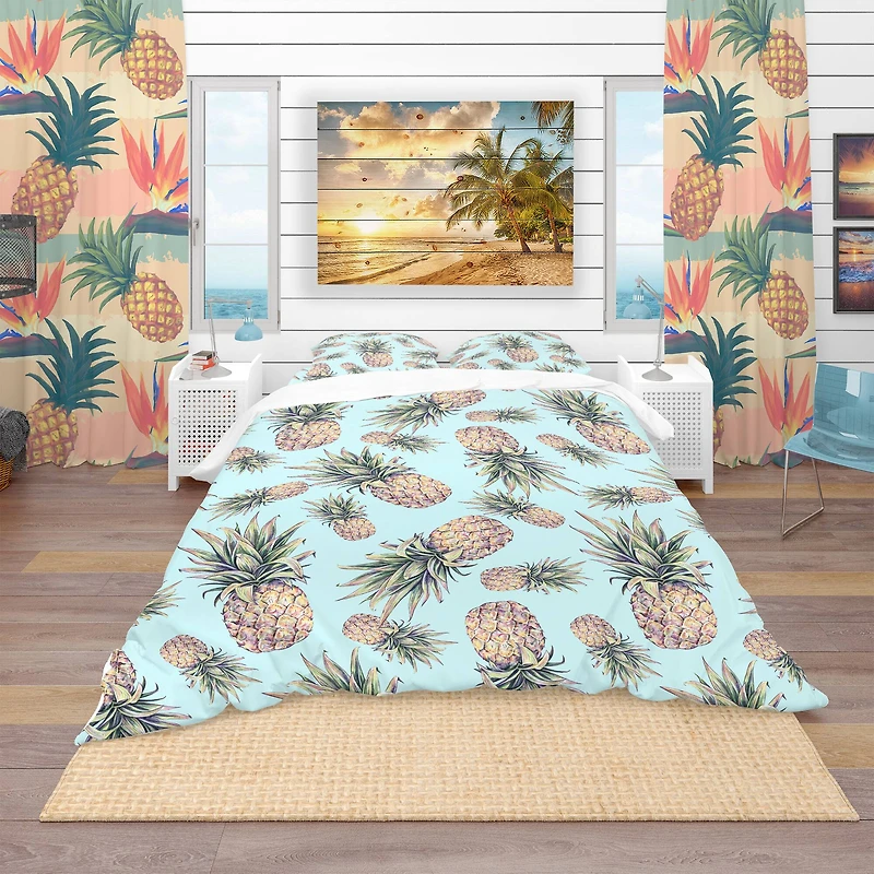 Designart 'Pineapples on a Light Blue Background' Tropical Bedding Set