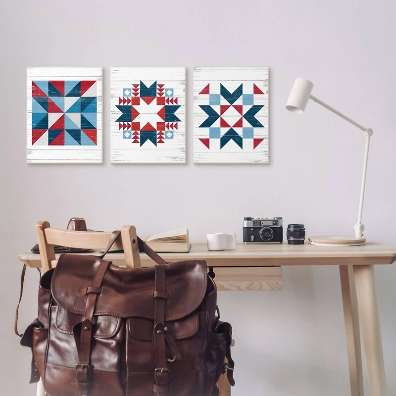 Stupell Industries Geometric Triangular Quilt Pattern Design Red White Blue in Frame Wall Art