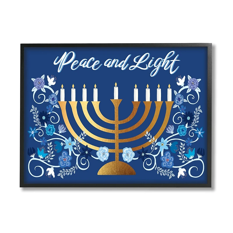 Stupell Industries Peace & Light Floral Hanukkah Menorah Framed Giclee Art