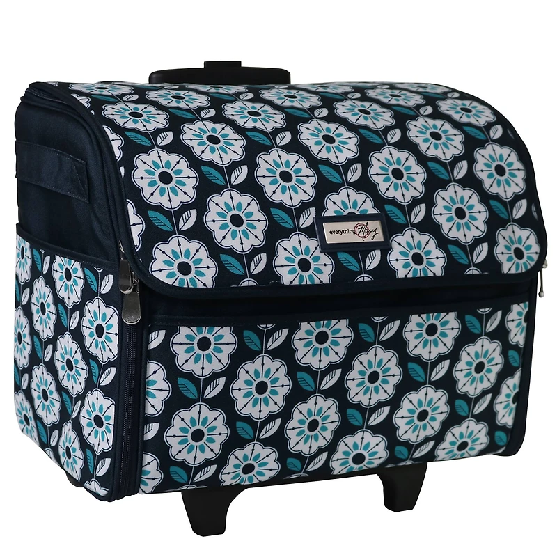Everything Mary Collapsible Teal Floral Print Rolling Sewing Machine Tote