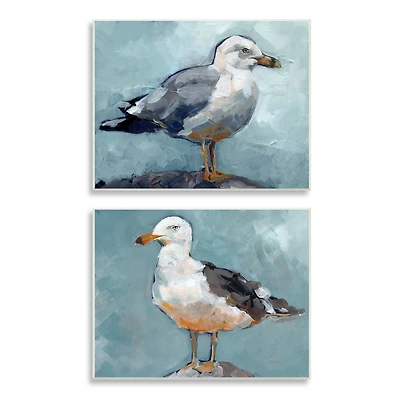 Stupell Industries Seagull Stance Nautical Bird Portrait Blue Grey Wood Wall Plaque