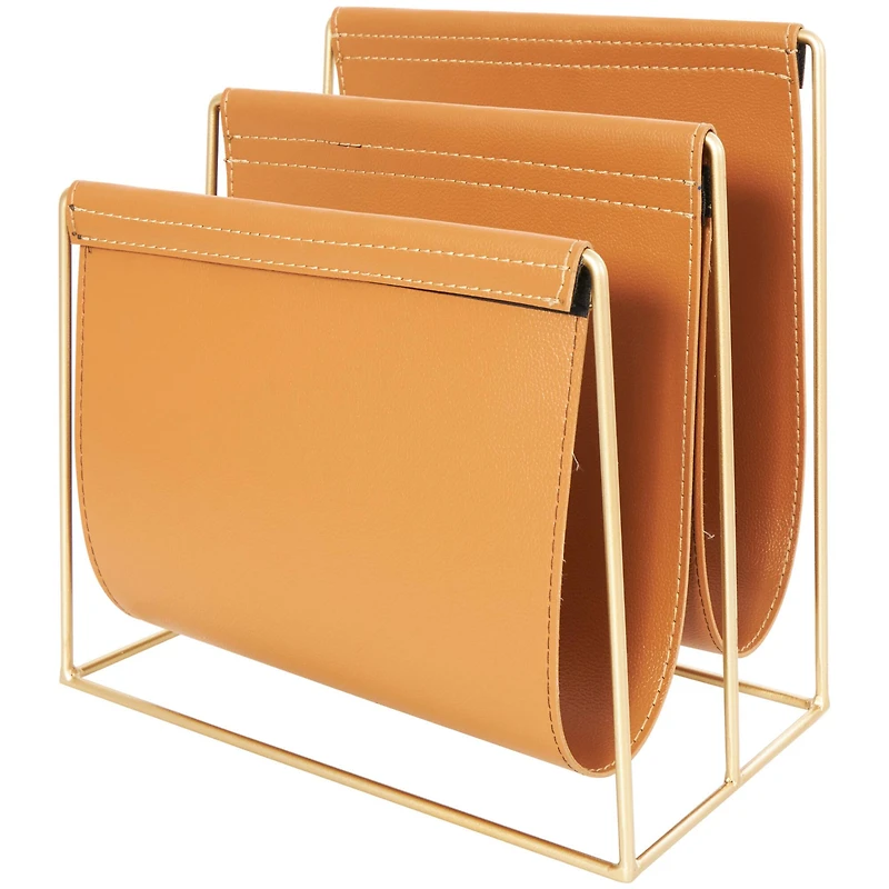 13" Orange Leather 3 Slot Magazine Holder with Gold Metal Frame