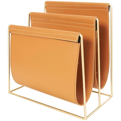 13" Orange Leather 3 Slot Magazine Holder with Gold Metal Frame