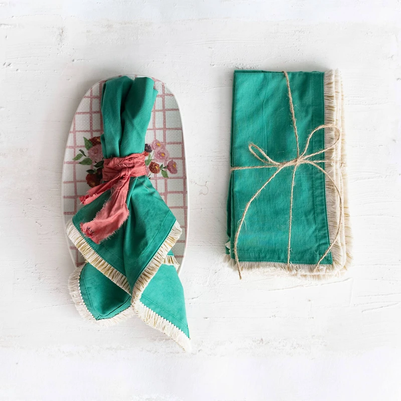 Hello Honey® 18" Green Elegant Embroidered Fringe Cotton Napkin, 4ct.