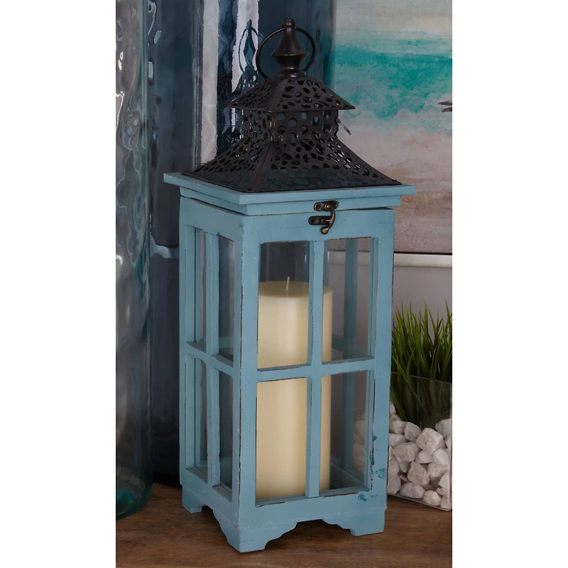 Set of 2" Turquoise Wood Coastal Lantern, 21", 26"