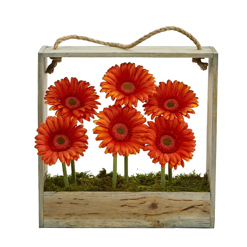 Gerbera Daisy Garden Artificial Arrangement in Hanging Wood Frame