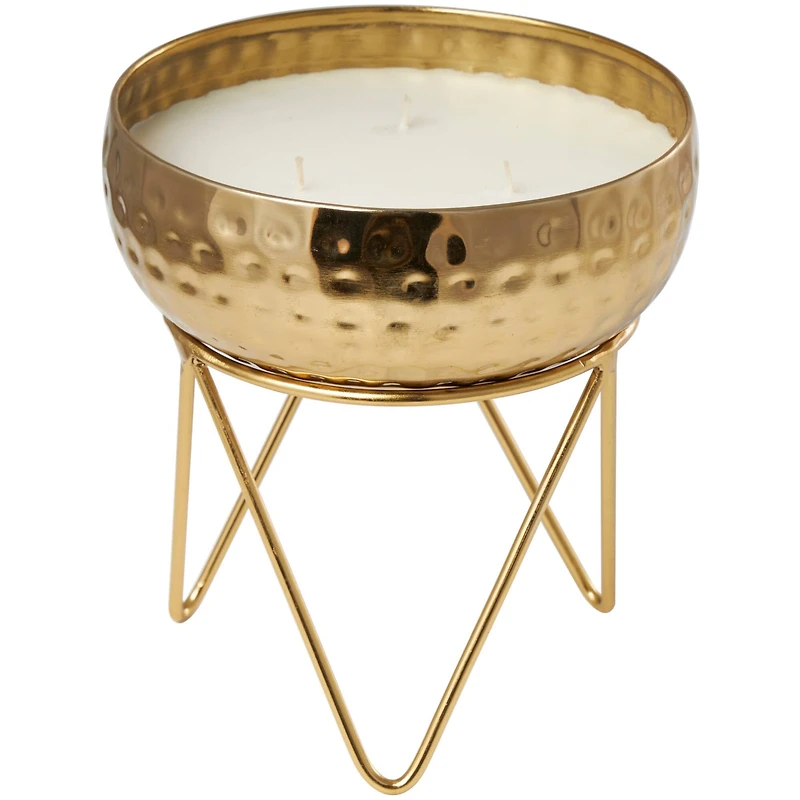 8" White Roses in Paradise Scented 3-Wick Candle with Hammered Gold Container and Tripod Stand