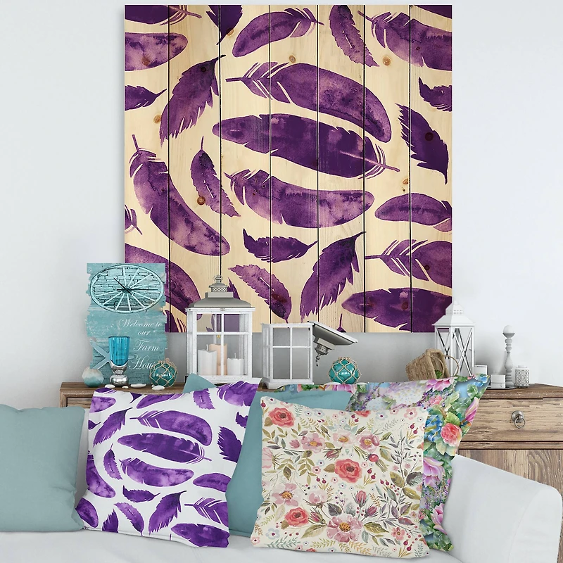 Designart - Ethnic VIolet Feathers - Bohemian & Eclectic Print on Natural Pine Wood