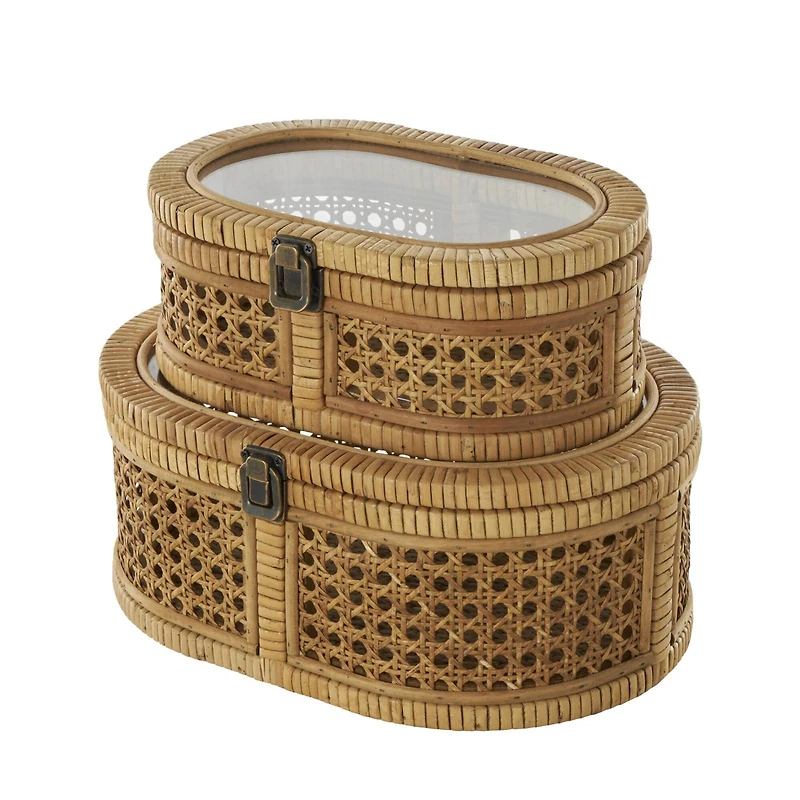 Brown Oval Rattan Storage Box Set with Pane Panels & Glass Tops