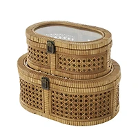 Brown Oval Rattan Storage Box Set with Pane Panels & Glass Tops