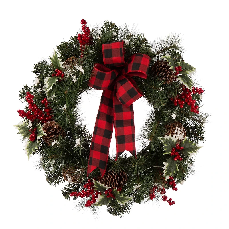 Glitzhome 24" Pre-Lit Buffalo Check Bow, Berry, Holly & Pinecone LED Wreath