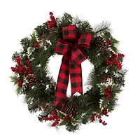 Glitzhome 24" Pre-Lit Buffalo Check Bow, Berry, Holly & Pinecone LED Wreath
