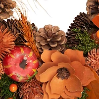 13.25'' Unlit Autumn Harvest Orange Flowers and Gourds Pine Cone Wreath