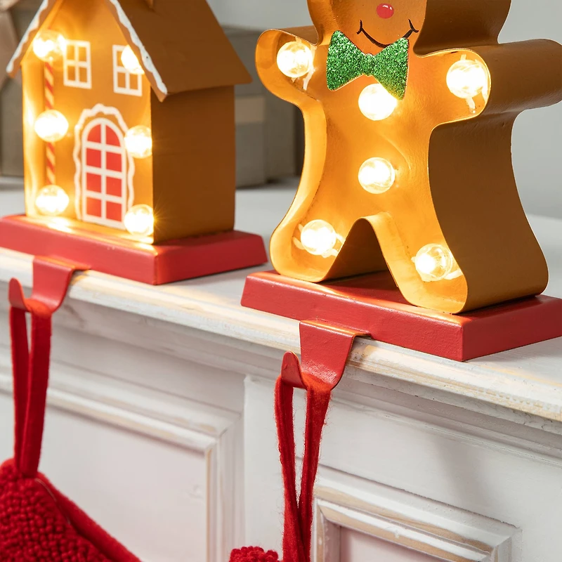 Glitzhome® Marquee LED Gingerbread House & Gingerbread Man Christmas Stocking Holder Set