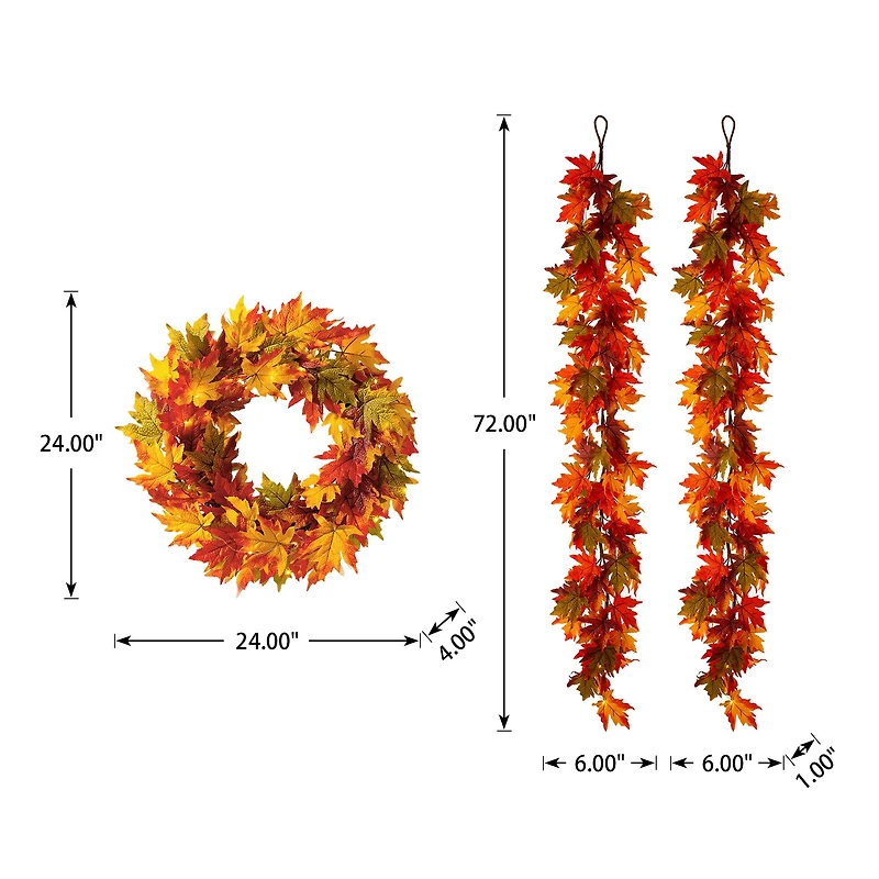 Glitzhome® Lighted Fall Maple Leaves Garland & Wreath Set