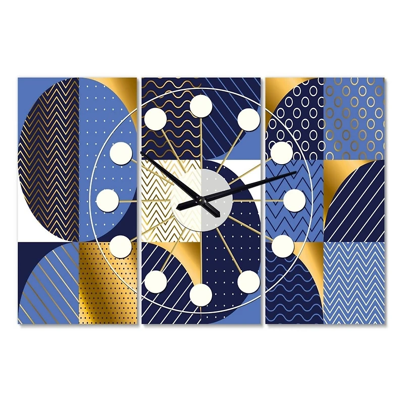 Designart Retro Luxury Waves in Gold & Blue IV Mid-Century Modern Multipanel Wall Clock