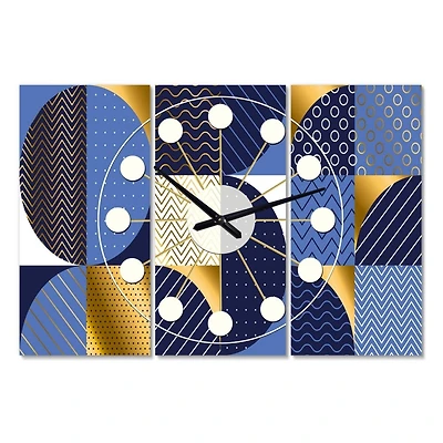Designart Retro Luxury Waves in Gold & Blue IV Mid-Century Modern Multipanel Wall Clock