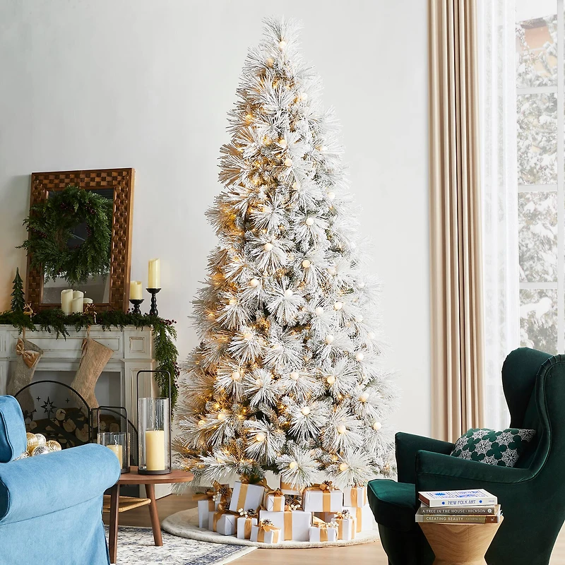 Glitzhome® 9ft Pre-Lit Flocked Full Pine Artificial Christmas Tree, Warm White LED Lights