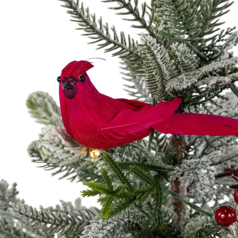 2ft. Pre-Lit Potted Frosted Mixed Pine with Cardinals Christmas Tree, Warm White LED Lights