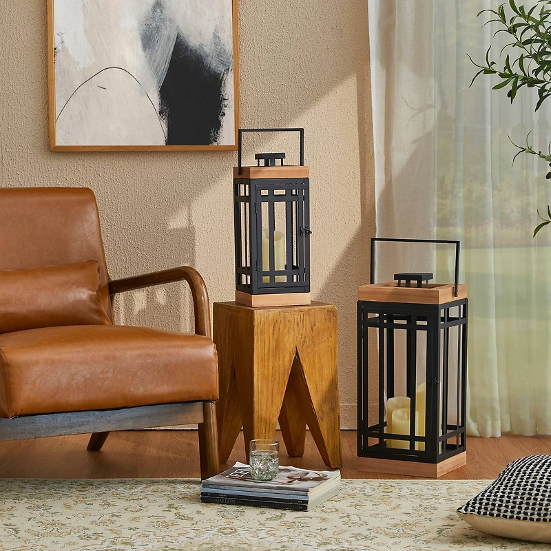 Glitzhome® Modern Square Metal & Wood Lanterns Set