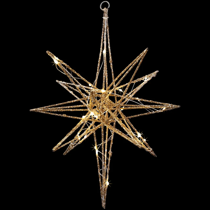 12'' Warm White LED Lighted B/O Gold Glittered Geometric Star Christmas Decoration