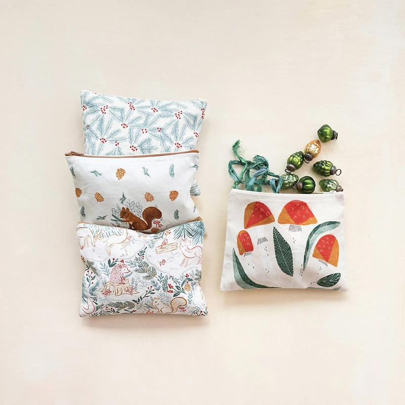 Hello Honey® Cotton Printed Zip Pouch Set with Woodland Flora & Fauna Patterns