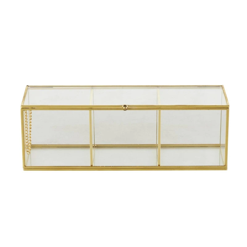 10" x 4" x 4" Clear & Gold 3-Slot Glass & Metal Slim Rectangular Jewelry Box with Chain Accent
