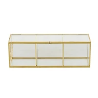 10" x 4" x 4" Clear & Gold 3-Slot Glass & Metal Slim Rectangular Jewelry Box with Chain Accent