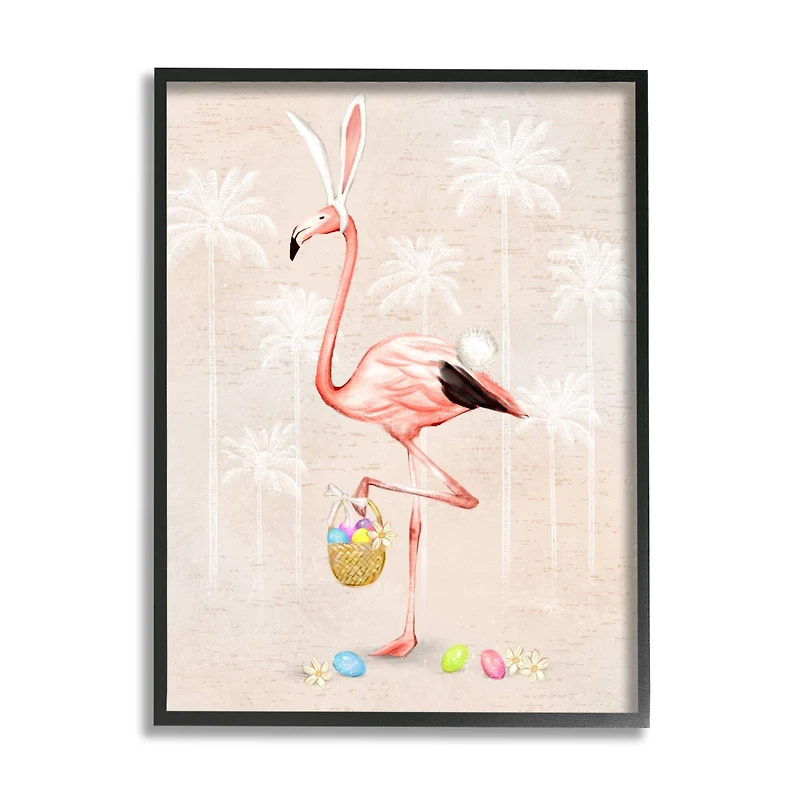 Stupell Industries Easter Flamingo Pink Bird Egg Hunt Basket Framed Giclee Art