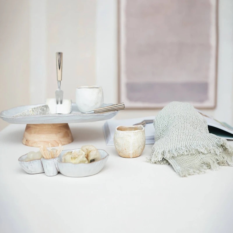 Hello Honey® 13.75" Acacia-Base White Stoneware Elegance Pedestal